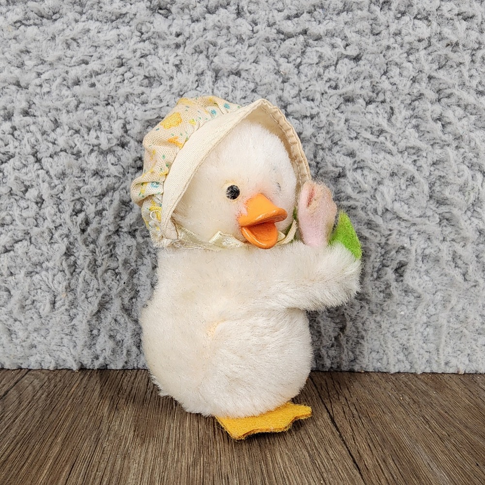 Vintage White Clip On Plush Duckling Chick with Floral Bonnet 3.5 Inch